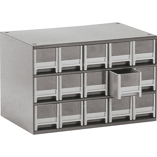 Casiers modulaires pour pi&egrave;ces, Acier, 15 tiroirs, 17" x 10-9/16" x 3-1/16", Gris SPOC Demo