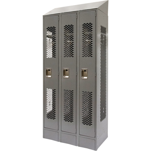 Vented Lockers, Bank of 3, 36" x 18" x 88", Steel, Grey, Knocked Down, Perforated SPOC Demo