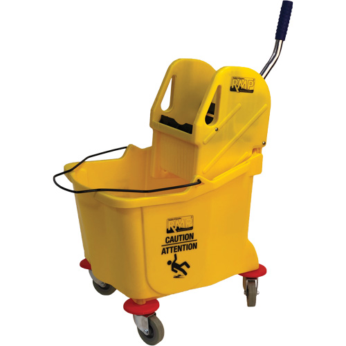 Seau et essoreuse pour vadrouille, Pression vers le bas, 9,5 gal. US (38 pintes), Jaune SPOC Demo
