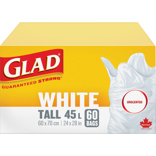 Sacs &agrave; ordures hauts 45 L sans parfum, R&eacute;gulier, 24" la x 28" lo, Blanc SPOC Demo