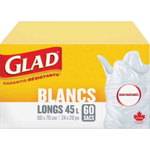 Sacs &agrave; ordures hauts 45 L sans parfum, R&eacute;gulier, 24" la x 28" lo, Blanc SPOC Demo