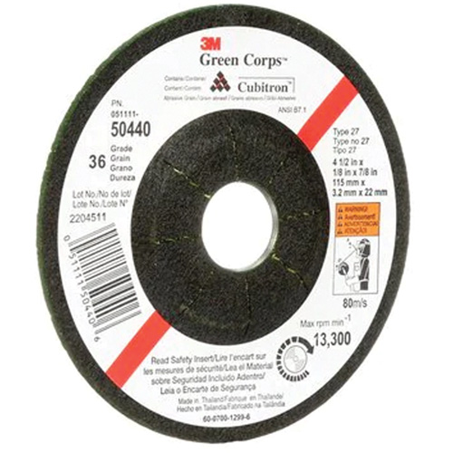 Green Corps Flexible Grinding Wheel, 4-1/2" x 1/8", 7/8" Arbor, Ceramic, Type 27 SPOC Demo