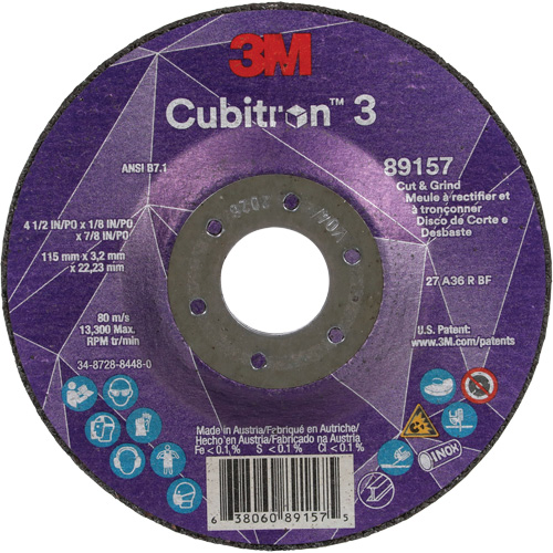 Cubitron 3 Cut and Grind Wheel, 4-1/2" x 1/8", 7/8" Arbor, Type 27, 36 Grit, Ceramic SPOC Demo