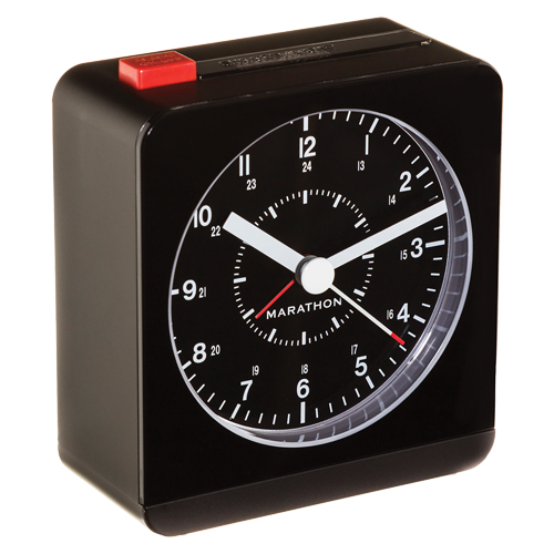 Desk Alarm Clock, Analog, Battery Operated, 3.5" W x 1.5" D x 3.75" H, Black SPOC Demo