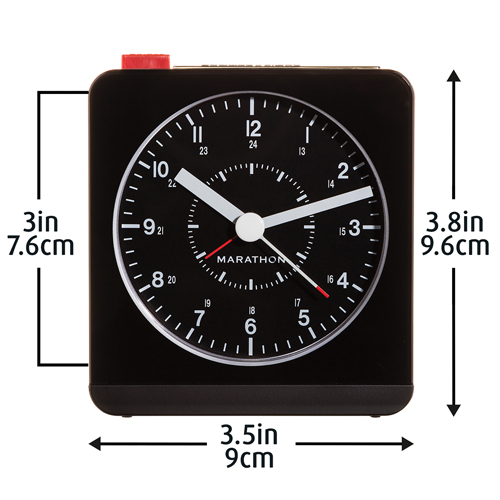 Desk Alarm Clock, Analog, Battery Operated, 3.5" W x 1.5" D x 3.75" H, Black SPOC Demo