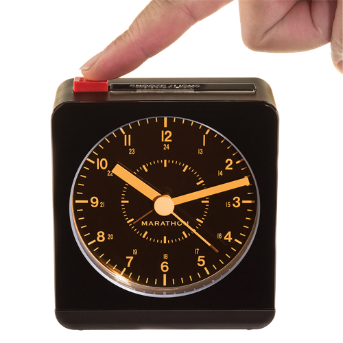 Desk Alarm Clock, Analog, Battery Operated, 3.5" W x 1.5" D x 3.75" H, Black SPOC Demo
