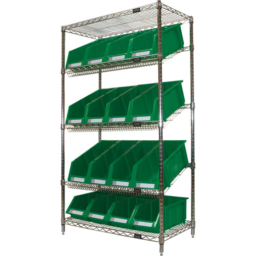 &eacute;tag&egrave;re en treillis m&eacute;tallique &agrave; tablettes inclin&eacute;es avec bacs, Tiers 5, 36" la x 63" h x 18" p SPOC Demo