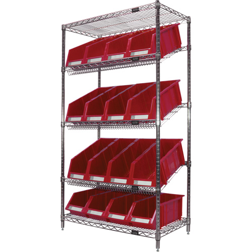 &eacute;tag&egrave;re en treillis m&eacute;tallique &agrave; tablettes inclin&eacute;es avec bacs, Tiers 5, 36" la x 63" h x 18" p SPOC Demo