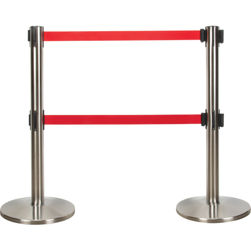 Barri&egrave;re pour le contr&ocirc;le des foules &agrave; courroie double, Acier, 35" h, Ruban Rouge, Longueur du ruban 7' SPOC Demo