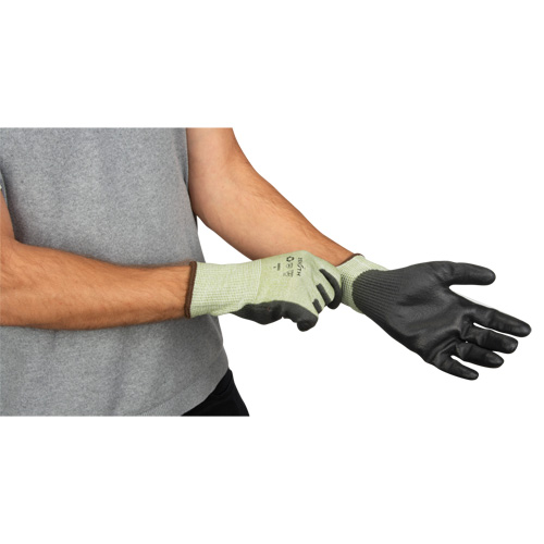 Eco-Friendly Seamless Cut-Resistant Gloves, Size 7, 13 Gauge, Polyurethane Coated, HPPE/RPET Shell, ASTM ANSI Level A4 SPOC Demo