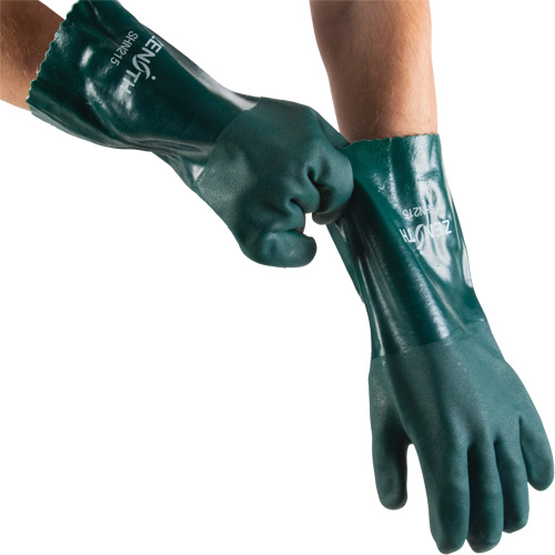 Double Dipped Green Gloves, 14" L, PVC, Cotton Jersey Inner Lining, 70-mil SPOC Demo