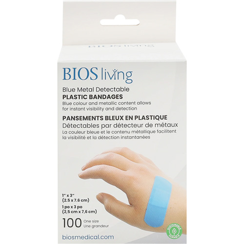 Bandages hydrofug&eacute;s bleu, Rectangulaire/carr&eacute;e, 3", Plastique d&eacute;tectable, St&eacute;rile SPOC Demo