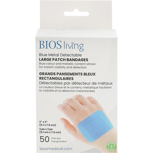 Grands bandages renforc&eacute;s bleus, Rectangulaire/carr&eacute;e, 3", Tissu d&eacute;tectable, St&eacute;rile SPOC Demo
