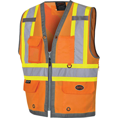Pioneer Mesh Back Zip Front Surveyor Safety Vest, High Visibility Orange, Small, Polyester SPOC Demo