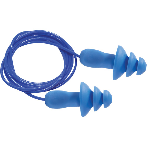 Bouchons d'oreilles r&eacute;utilisables bleus 100 % d&eacute;tectables par m&eacute;tal SEALTEC TipGrip, Avec cordon, Taille unique, Vrac - Boîte, NRR dB 26 dB SPOC Demo