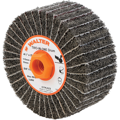 Two-In-One Finishing Drums, 4-1/2" Dia. x 2" W, 5/8"-11 Arbor, Aluminum Oxide SPOC Demo