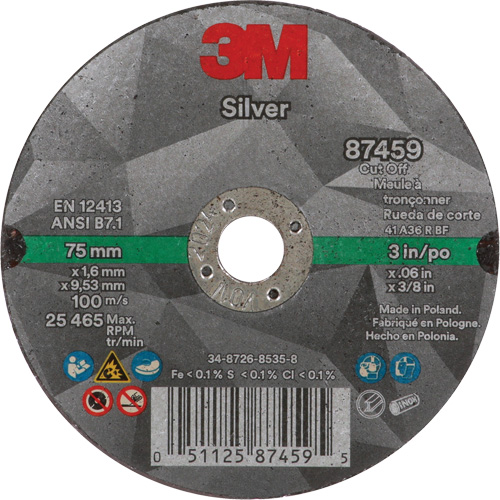 Silver Cut-Off Wheel, 3" x 0.06", 3/8"-24 Arbor, Type 1, Ceramic, 25645 RPM SPOC Demo