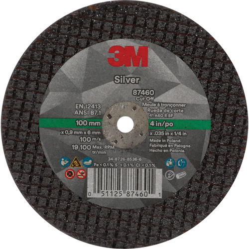 Silver Cut-Off Wheel, 4" x 0.04", 1/4"-28 Arbor, Type 1, Ceramic, 19100 RPM SPOC Demo
