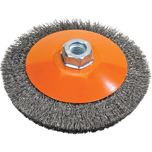 Brosse soucoupe &agrave; fils nou&eacute;s torsad&eacute;s, Dia. 5", Fils 0,02", Arbre 5/8"-11, Acier SPOC Demo