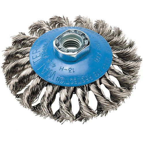 Knot-Twisted Saucer Cup Wire Wheel, 7" Dia., 0.02" Fill, 5/8"-11 Arbor, Aluminum/Stainless Steel SPOC Demo