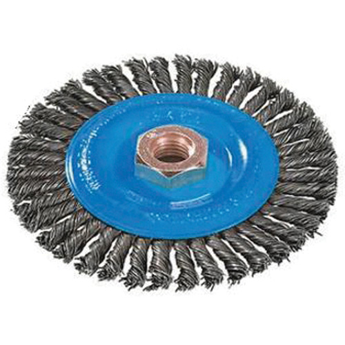 Stringer Bead Knotted Wire Brush, 4" Dia., 0.02" Fill, 5/8"-11 Arbor, Aluminum/Stainless Steel SPOC Demo