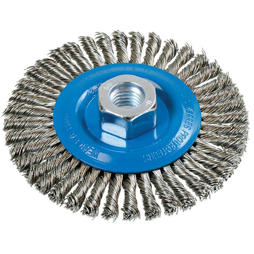 Brosse &agrave; fils nou&eacute;s pour cordons de soudure, Dia. 4-1/2", Fils 0,02", Arbre 5/8"-11, Aluminium/Acier inoxydable SPOC Demo