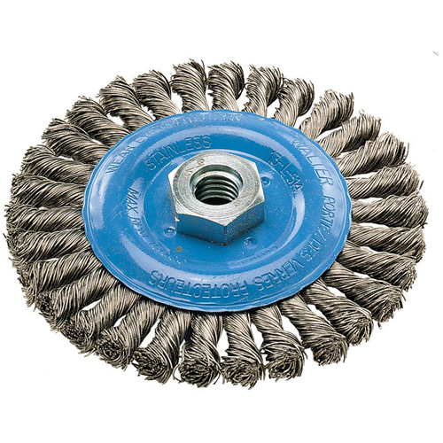 Wide Knotted Wire Wheel Brush, 5" Dia., 0.02" Fill, 5/8"-11 Arbor, Aluminum/Stainless Steel SPOC Demo