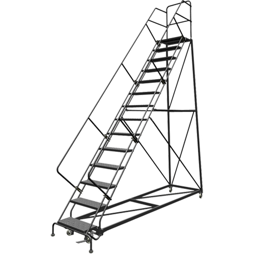 Safety Slope Rolling Ladder, 14 Steps, Perforated, 50° Incline, 140" High SPOC Demo