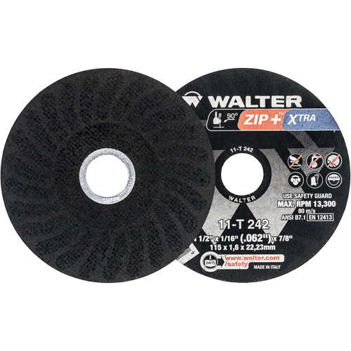Zip+ Right Angle Grinder Reinforced Cut-Off Wheels, 4-1/2" x 1/16", 7/8" Arbor, Type 1, Zirconia Alumina, 13300 RPM SPOC Demo