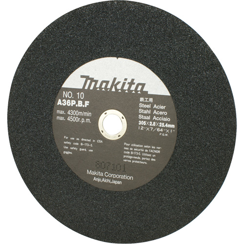 Meule abrasive pour scies &agrave; tronçonner et meuleuses dangle, 12" x 7/64", Arbre de 1", 4500 Tr/min SPOC Demo