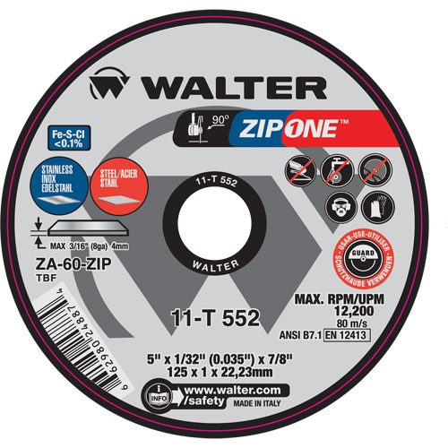 Zip One Cut-Off Wheel, 5" x 1/32", 7/8" Arbor, Type 1, Zirconia Alumina, 12200 RPM SPOC Demo