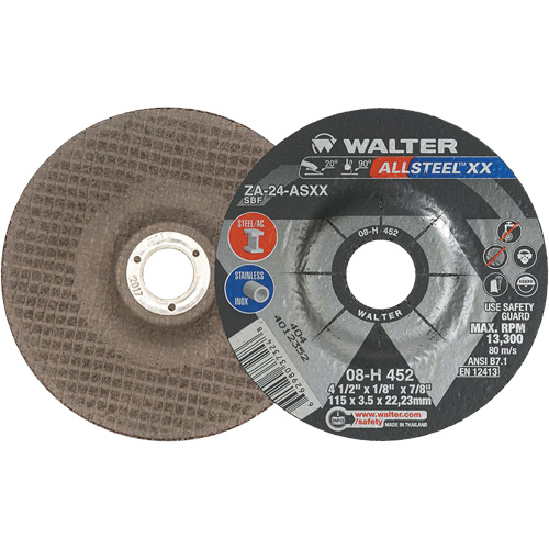 Depressed Centre Grinding Wheels - ALLSTEEL XX, 4-1/2" x 1/8", 7/8" Arbor, Type 27, Zirconia Alumina, 13300 RPM SPOC Demo