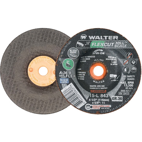 FLEXCUT MILL SCALE Grinding Wheel, 4-1/2", 36 Grit, Aluminum Oxide, 5/8"-11, 13300 RPM, Type 29 SPOC Demo