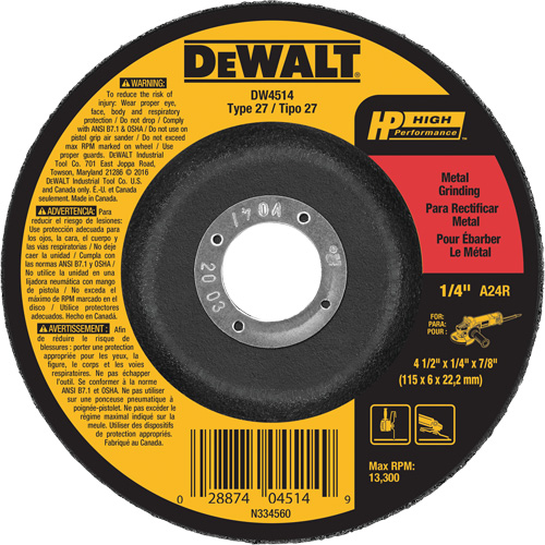 High Performance Metal Grinding Wheel, 4-1/2" x 1/4", 7/8" Arbor, Aluminum Oxide, Type 27 SPOC Demo