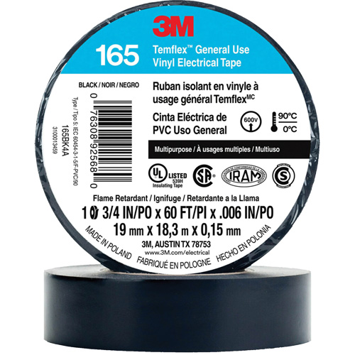 Temflex General Use Vinyl Electrical Tape 165, 19 mm (3/4") x 18 M (60'), Black, 6 mils SPOC Demo