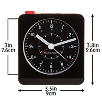 Desk Alarm Clock, Analog, Battery Operated, 3.5" W x 1.5" D x 3.75" H, Black SPOC Demo