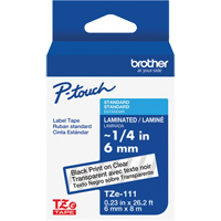 Ruban lamin&eacute; TZe-111 pour &eacute;tiqueteuses P-Touch compatibles avec les rubans TZe, Noir sur transparent, Largeur de 0,23" SPOC Demo