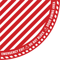 "Emergency Exit" Quarter Circle Swing Door Floor Sign, Adhesive, English with Pictogram SPOC Demo