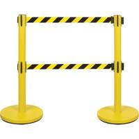Barri&egrave;re pour le contr&ocirc;le des foules &agrave; courroie double, Acier, 35" h, Ruban Noir/Jaune, Longueur du ruban 7' SPOC Demo