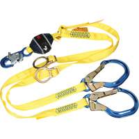 Twin-Leg Tie-Back Web Shock-Absorbing Lanyard, 6', Rebar Hook Center, Snap Hook Leg Ends, Polyester SPOC Demo
