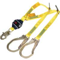 Twin-Leg Tie-Back Web Shock-Absorbing Lanyard, 4', Rebar Hook Center, Snap Hook Leg Ends, Polyester SPOC Demo