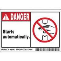 "Danger Starts Automatically" Sign, 3-1/2" x 5", Polyester, English with Pictogram SPOC Demo