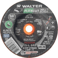 FLEXCUT MILL SCALE Grinding Wheel, 4-1/2", 36 Grit, Aluminum Oxide, 5/8"-11, 13300 RPM, Type 29 SPOC Demo